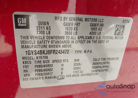 2015 Cadillac Escalade Luxury z USA, uszkodzony, nr VIN 1GYS4BKJ8FR243472